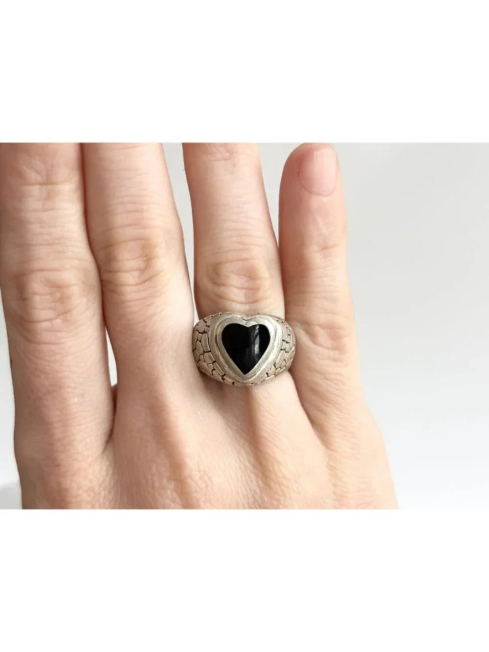Heart Black Onyx Tortoise Shell Pattern Sterling Silver 925 Vintage Ring sz 6.5
